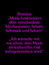 Zitat von Romina Mann: Mode funktioniert über Schutz, Schmuck und Scham